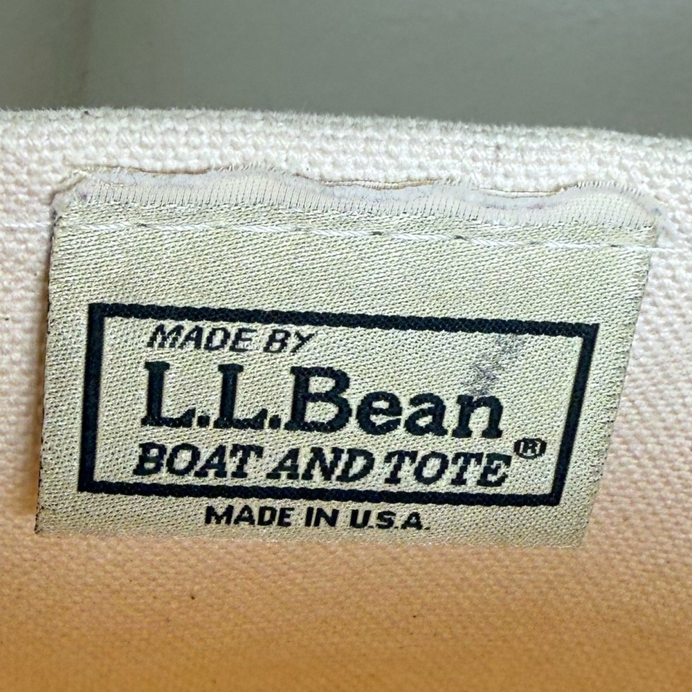 Vtg L.L. Bean Boat & Tote Bag Leather-Handle Canvas Carryall white navy stiff - Picture 11 of 13